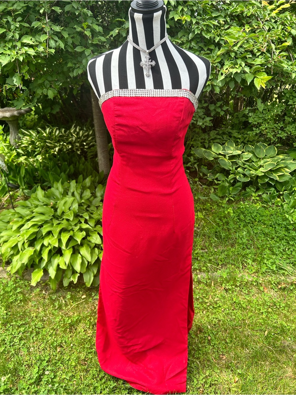 Y2K Panoply Red Strapless Evening Gown with Rhinestone Trim